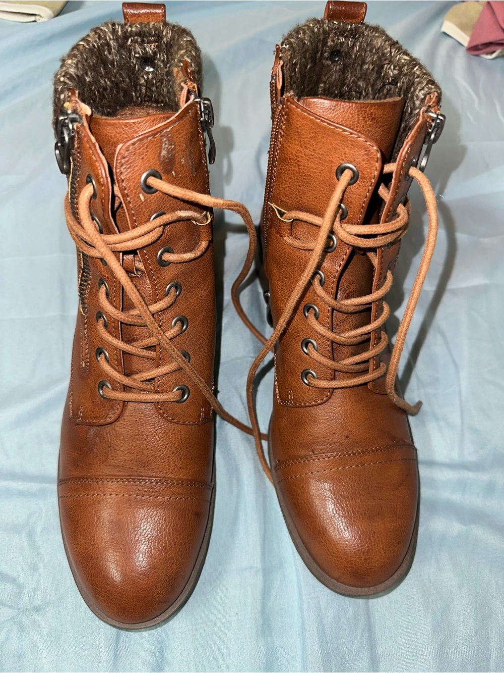 Limelight Tan Lace-Up Faux Leather Ankle Boots with Faux Fur Collar